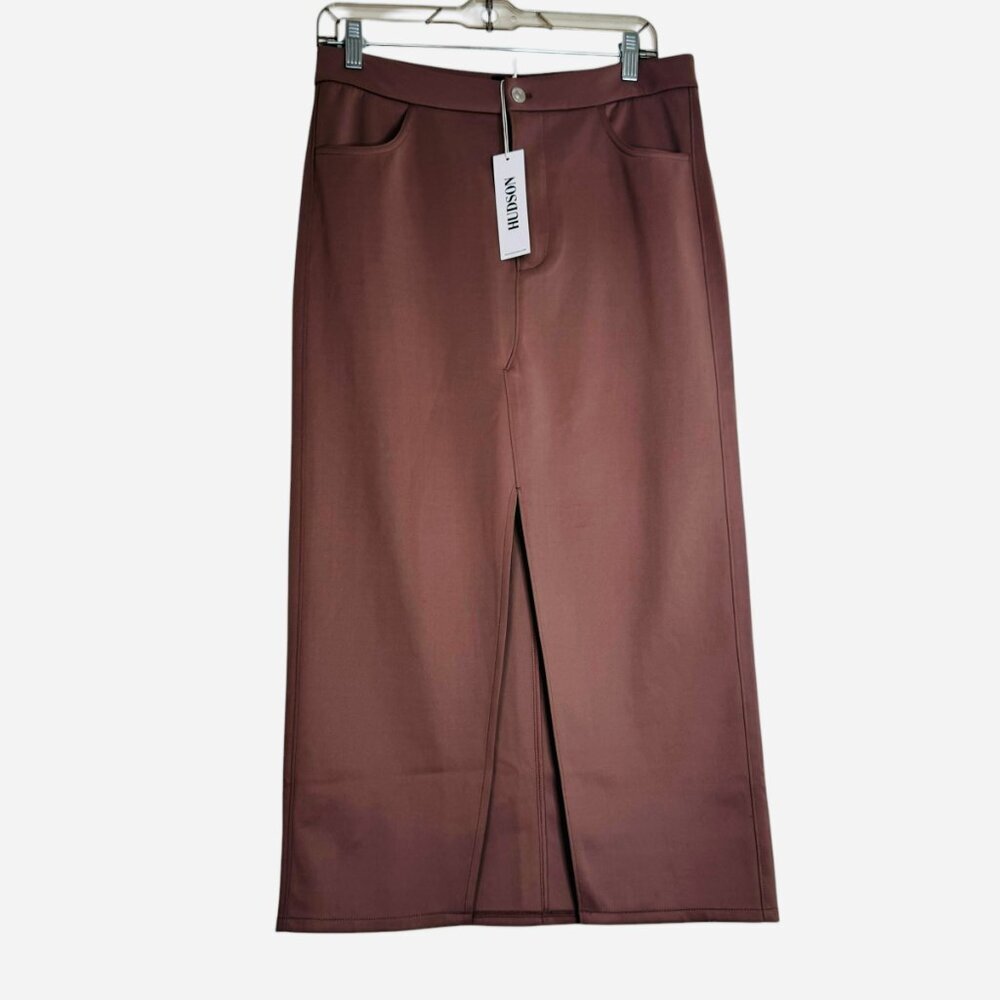 Hudson Jeans Reconstructed Rib Scuba Knit Midi Skirt Deep Taupe Size M | NWT